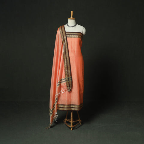 Orange - Dharwad Woven Mercerised Cotton 3pc Unstitched Dress Material Suit Set 54