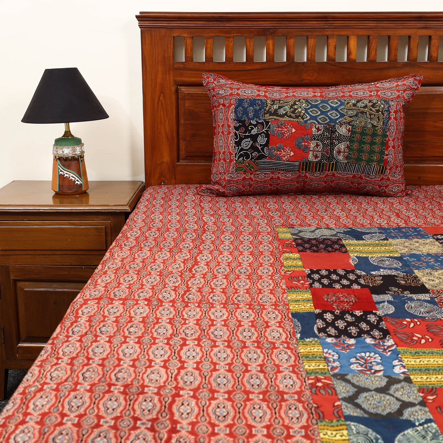 Red - Patchwork Cotton Double Ajrakh Bed Sheet Set 02