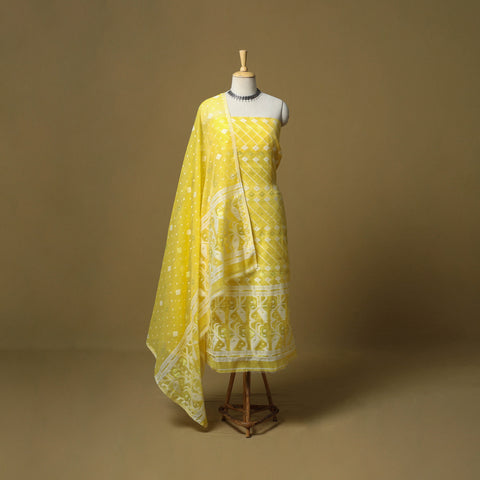 Yellow - Handloom Phulia Jamdani Silk Cotton 2pc Unstitched Dress Material 06