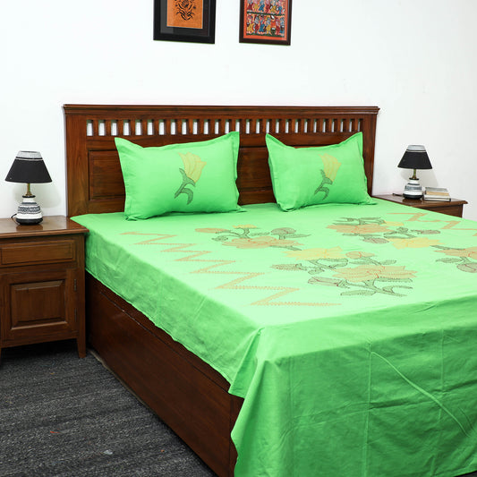 Green - Moirangphee Manipuri Pure Handloom Cotton Double Bed Cover with Pillow Covers (108 x 90 in)