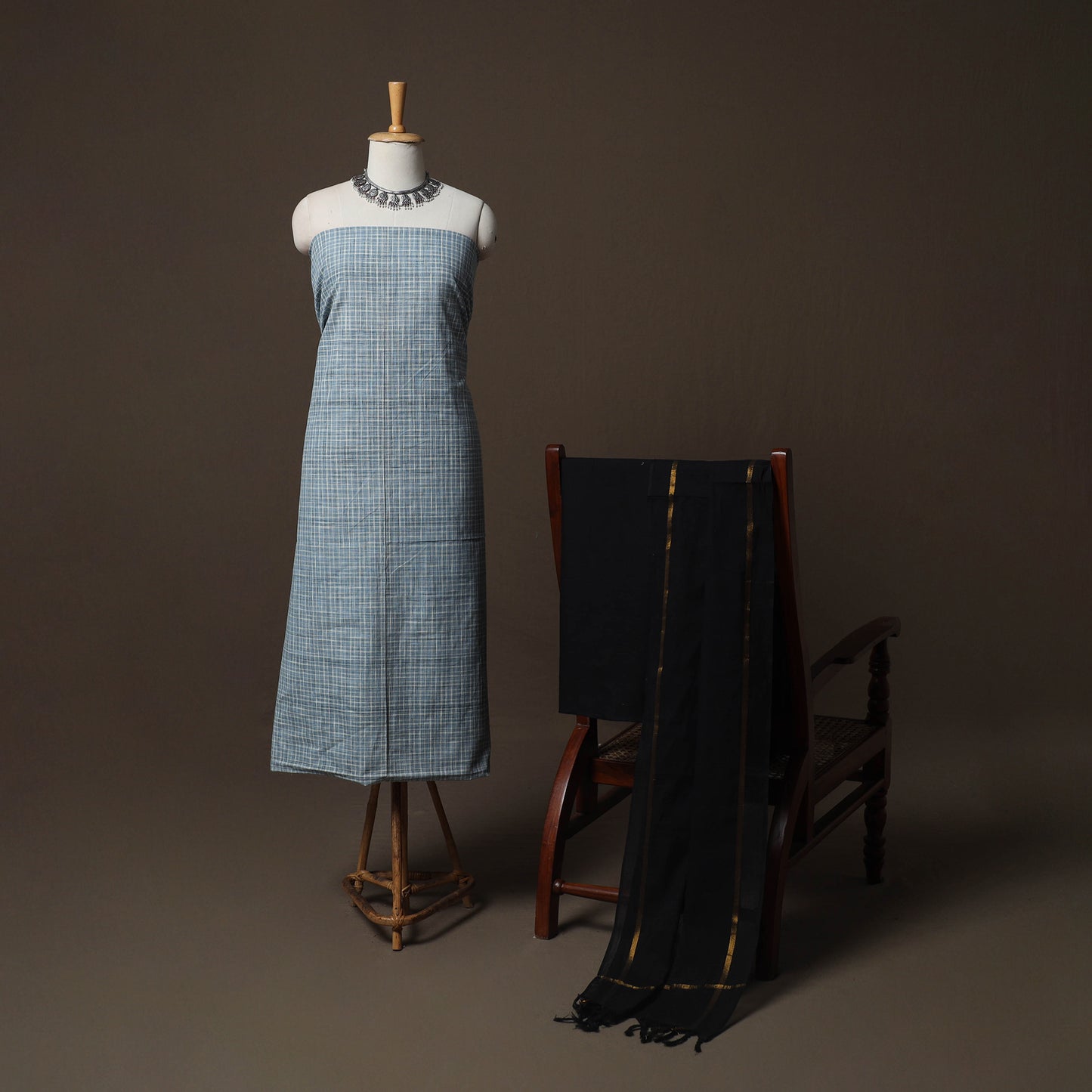 Blue - Jacquard Woven Pure Cotton 3pc Unstitched Dress Material Suit Set 110