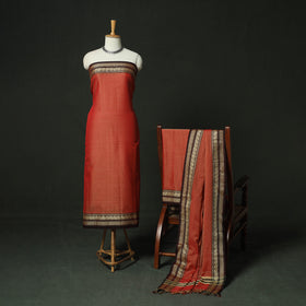 Red - Dharwad Woven Mercerised Cotton 3pc Unstitched Dress Material Suit Set 55