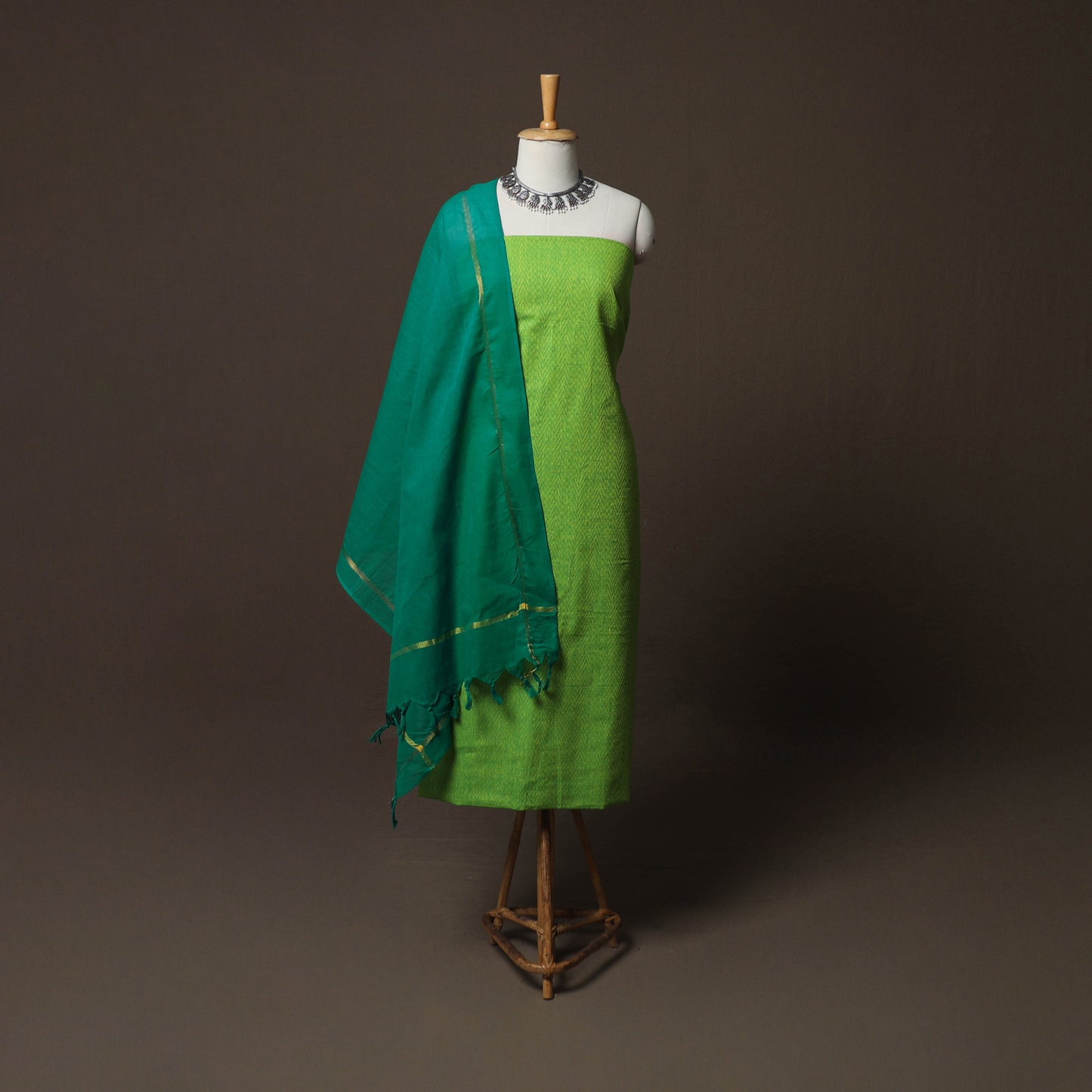 Green - Jacquard Woven Pure Cotton 3pc Unstitched Dress Material Suit Set 111