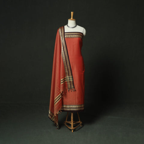 Red - Dharwad Woven Mercerised Cotton 3pc Unstitched Dress Material Suit Set 55