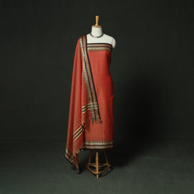 Red - Dharwad Woven Mercerised Cotton 3pc Unstitched Dress Material Suit Set 55