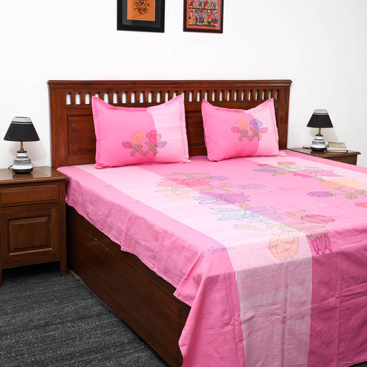 Pink - Moirangphee Manipuri Pure Handloom Cotton Double Bed Cover with Pillow Covers (108 x 90 in)