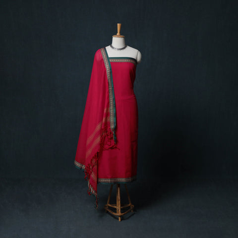 Red - Dharwad Cotton 3pc Unstitched Dress Material Suit Set with Woven Border 35