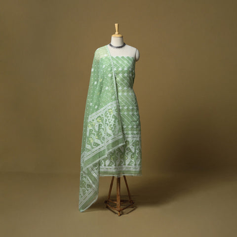 Green - Handloom Phulia Jamdani Silk Cotton 2pc Unstitched Dress Material 10