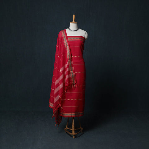 Red - Dharwad Woven Cotton 3pc Unstitched Dress Material Suit Set with Border 36