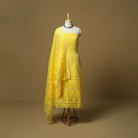 Yellow - Handloom Phulia Jamdani Silk Cotton 2pc Unstitched Dress Material 11