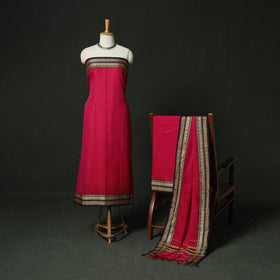 Pink - Dharwad Woven Mercerised Cotton 3pc Unstitched Dress Material Suit Set 58