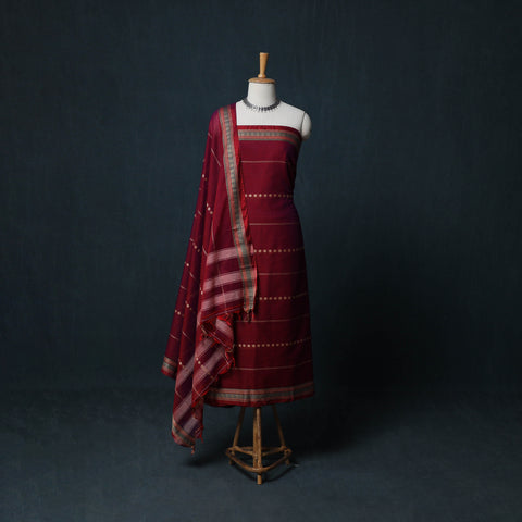Red - Dharwad Woven Cotton 3pc Unstitched Dress Material Suit Set with Border 37
