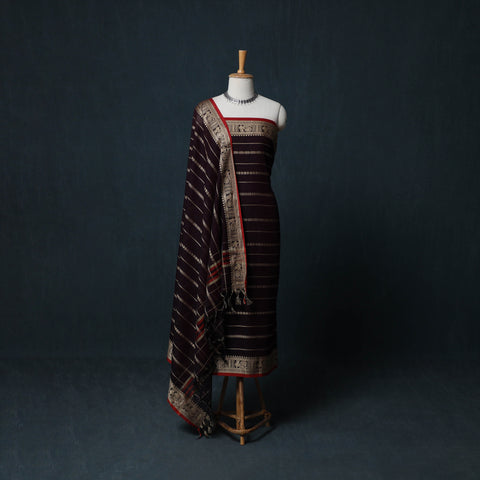 Brown - Dharwad Woven Cotton 3pc Unstitched Dress Material Suit Set with Border 39
