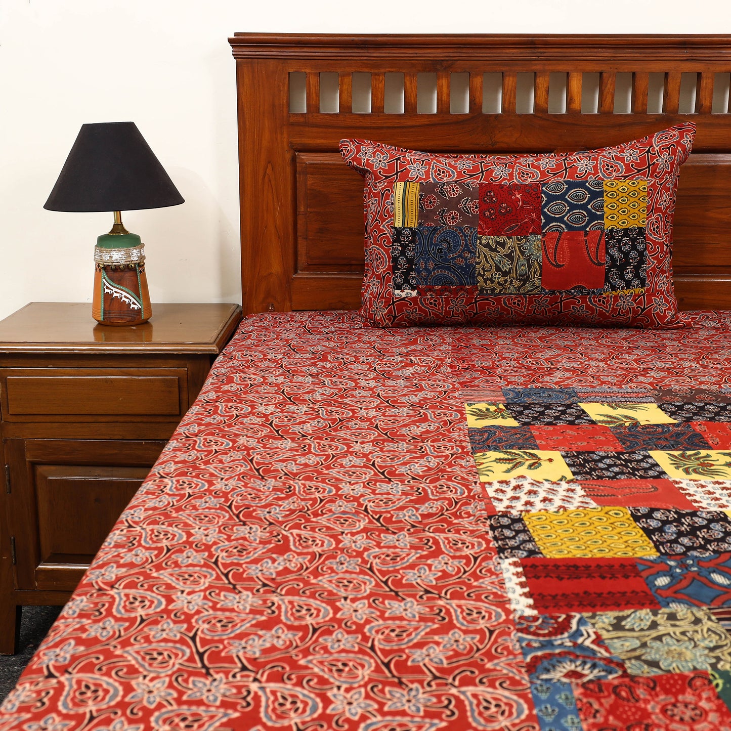 Red - Patchwork Cotton Double Ajrakh Bed Sheet Set 11