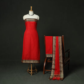 Red - Dharwad Woven Mercerised Cotton 3pc Unstitched Dress Material Suit Set 61