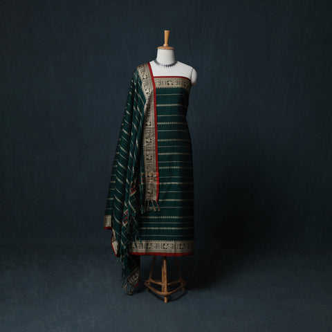 Green - Dharwad Woven Cotton 3pc Unstitched Dress Material Suit Set with Border 40