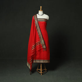 Red - Dharwad Woven Mercerised Cotton 3pc Unstitched Dress Material Suit Set 61