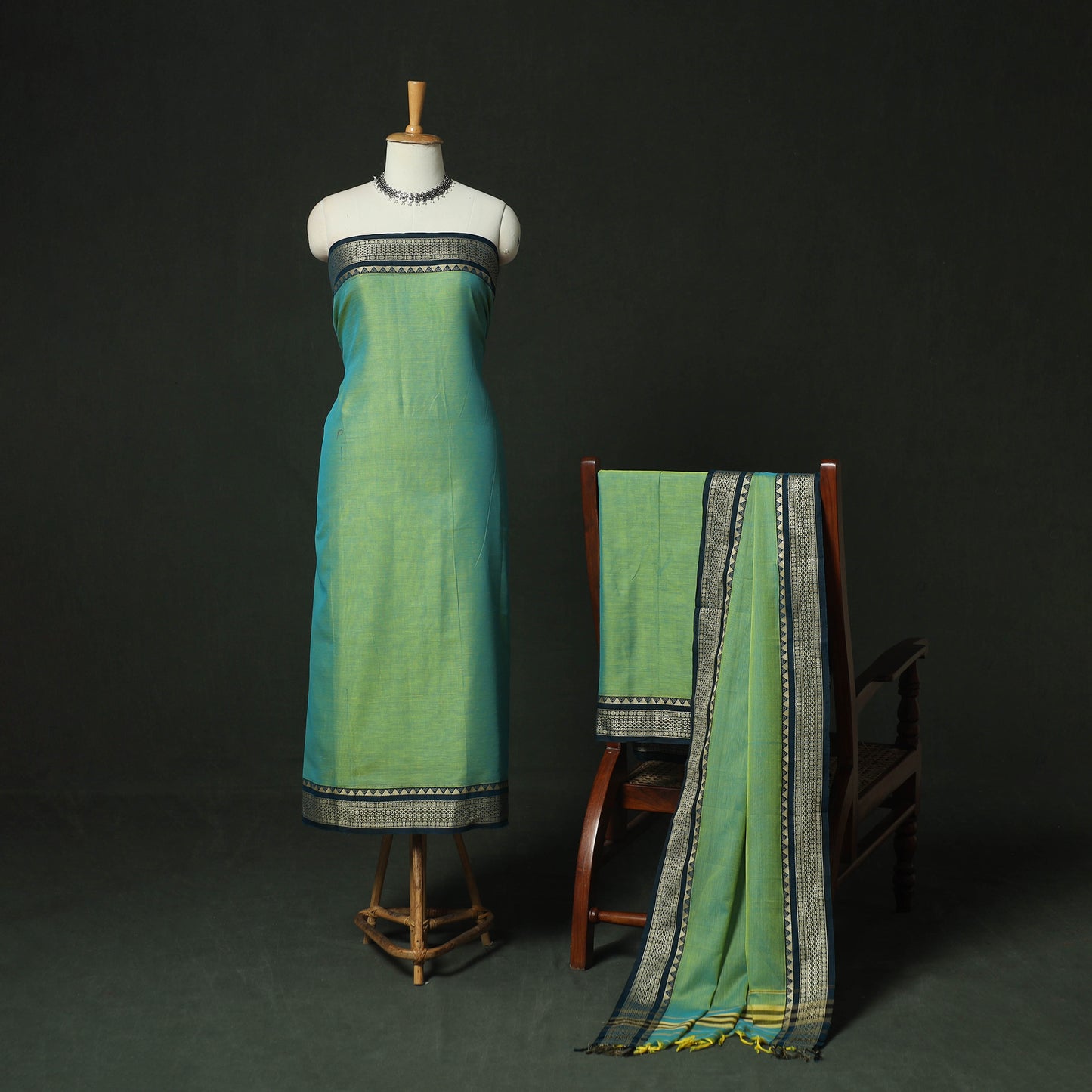 Green - Dharwad Woven Mercerised Cotton 3pc Unstitched Dress Material Suit Set 62