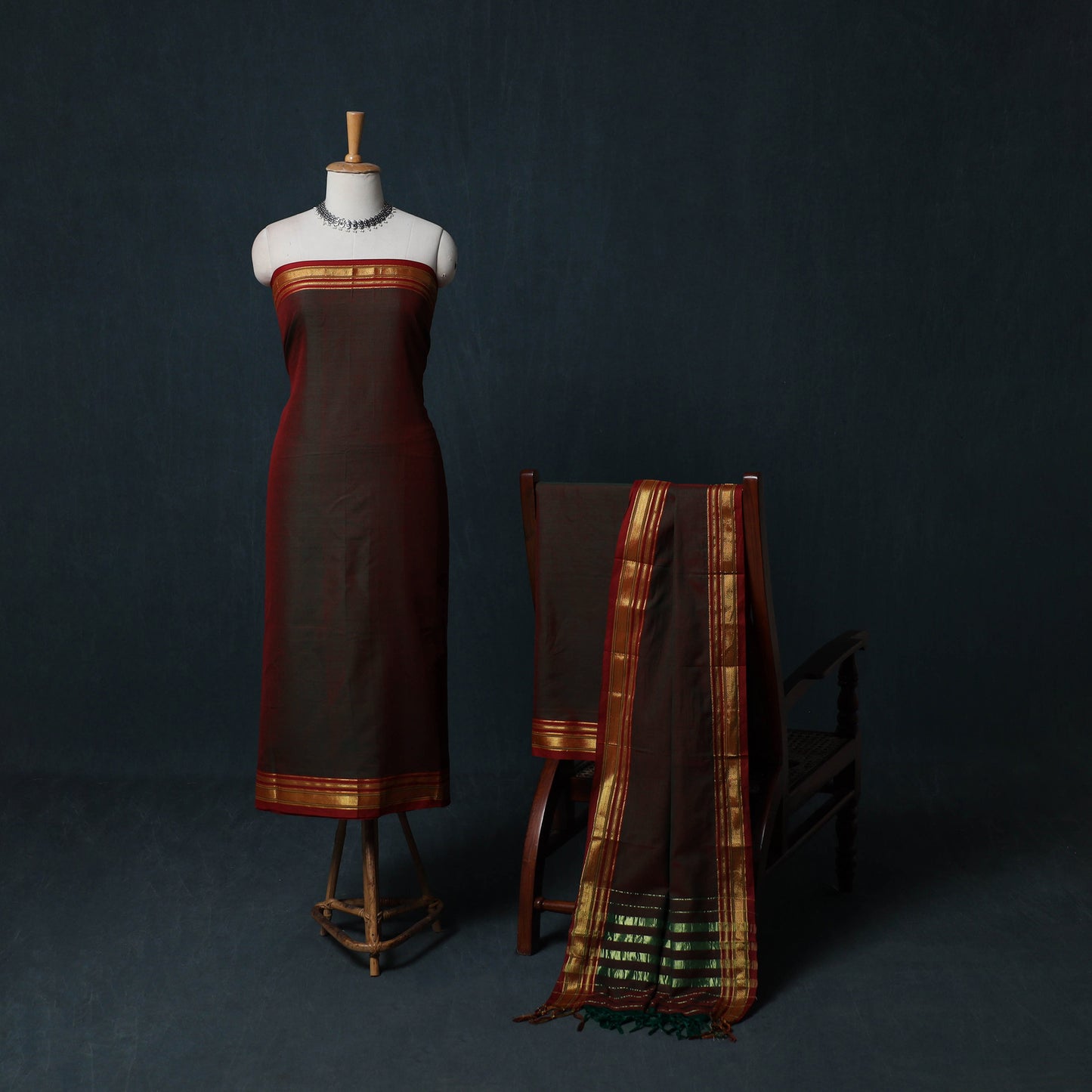Dharwad Cotton 3pc Unstitched Dress Material Suit Set with Woven Zari Border 46