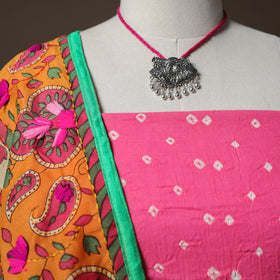 Bandhani Tie-Dye Cotton 2pc Unstitched Dress Material Kurta Set with Jewellery 07