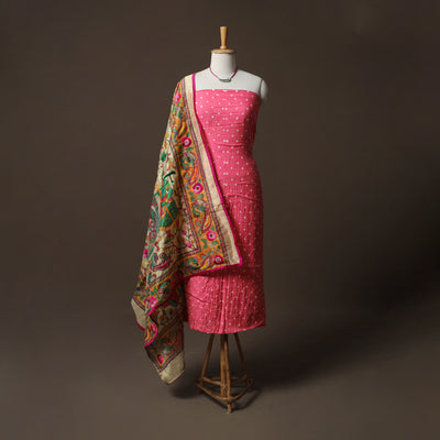 Bandhani Tie-Dye Cotton 2pc Unstitched Dress Material Kurta Set with Jewellery 08