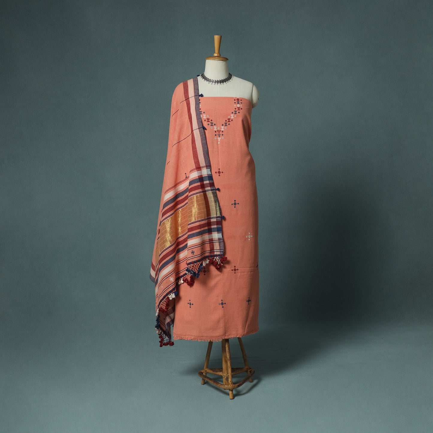 Kutch Bhujodi Handloom Kala Cotton 3pc Unstitched Dress Material Suit Set 03