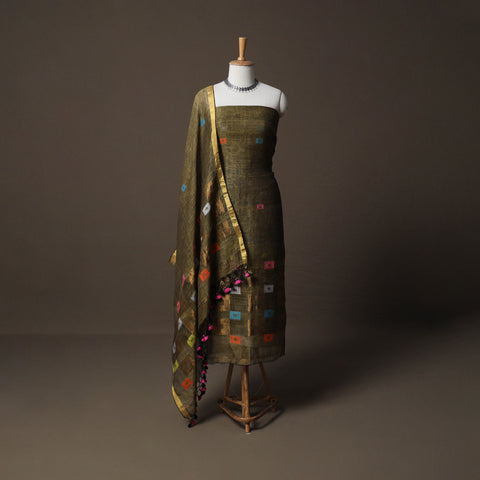 Handwoven Phulia Jamdani Pure Linen 2pc Unstitched Dress Material Kurta Set 04