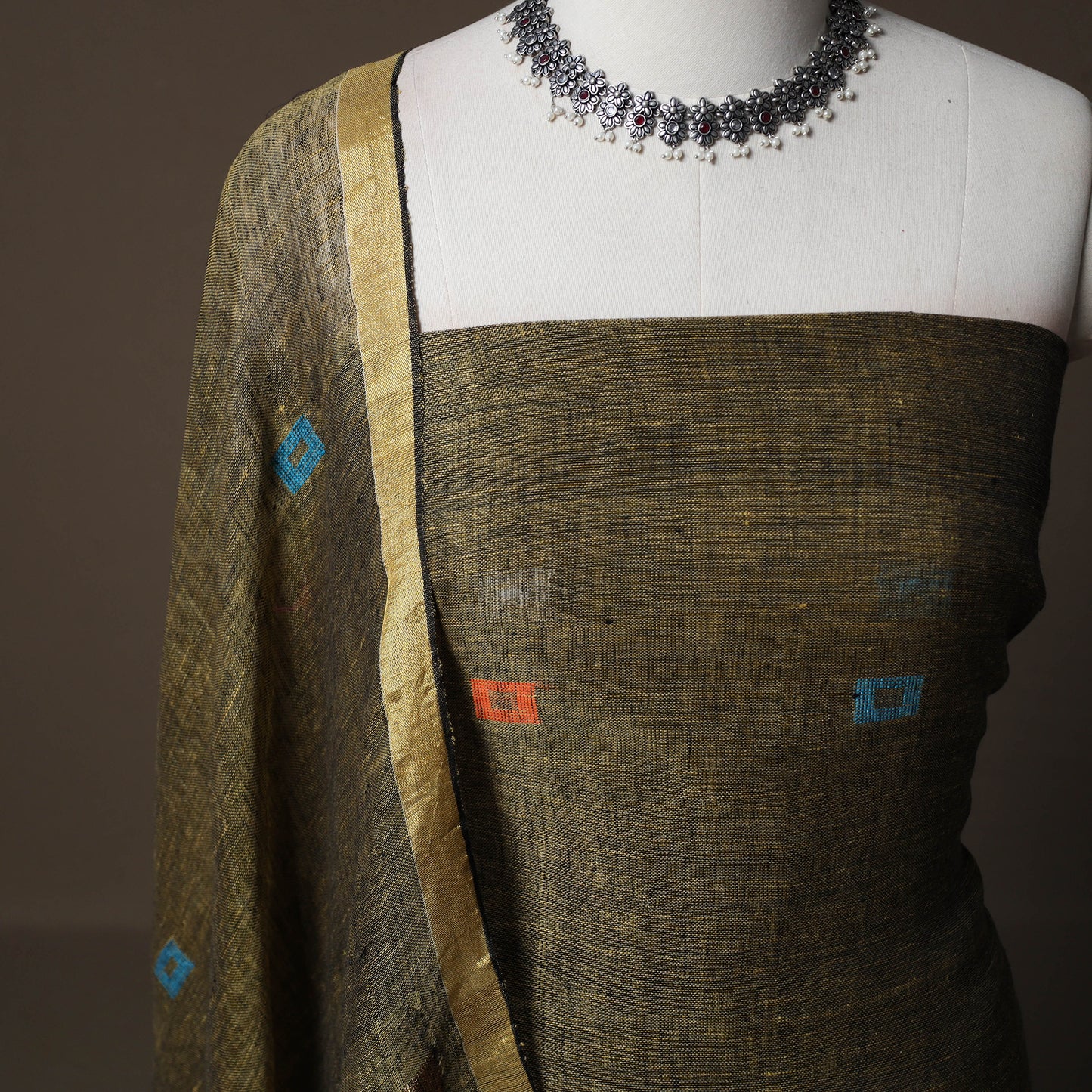 Handwoven Phulia Jamdani Pure Linen 2pc Unstitched Dress Material Kurta Set 04