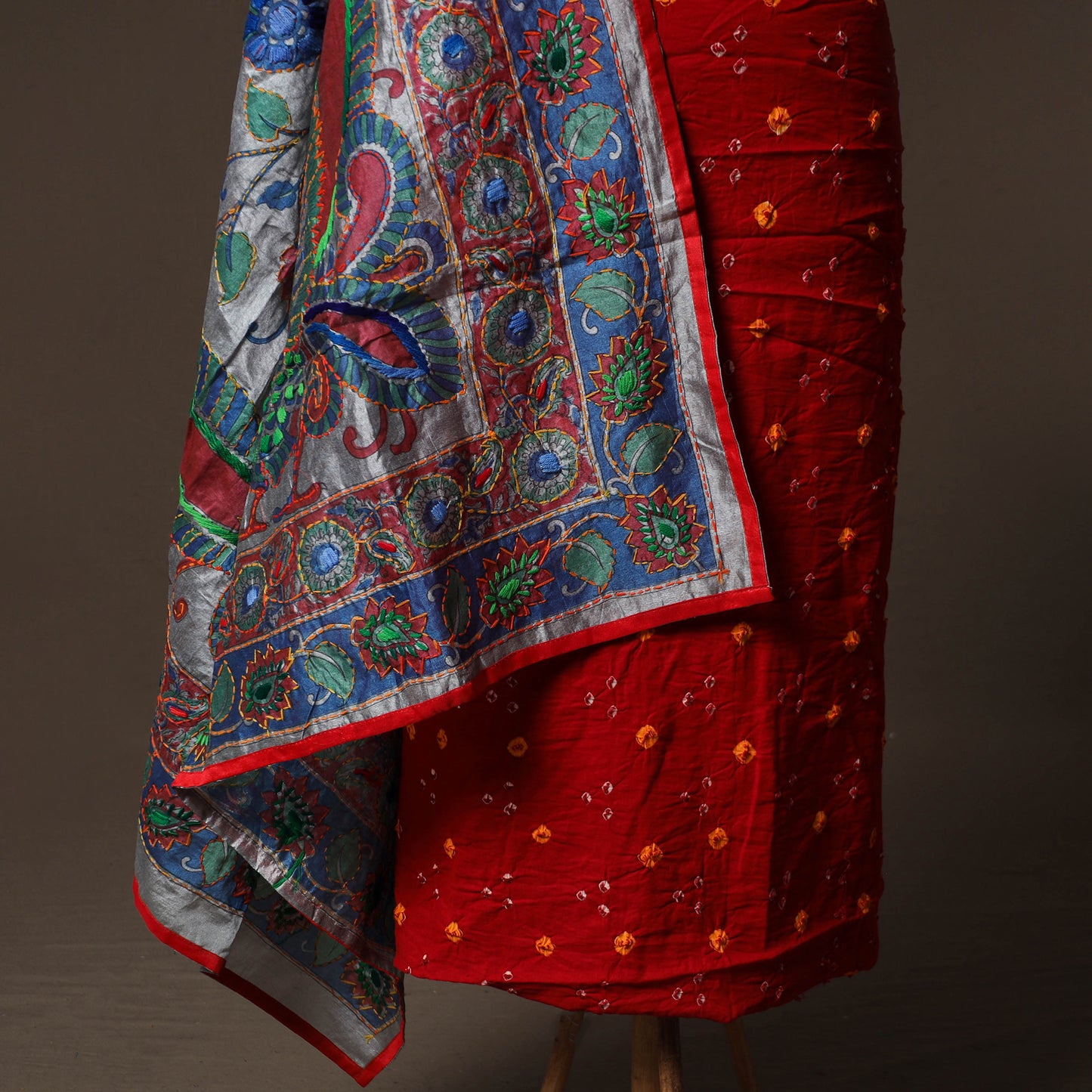 Bandhani Tie-Dye Cotton 2pc Unstitched Dress Material Kurta Set with Jewellery 12