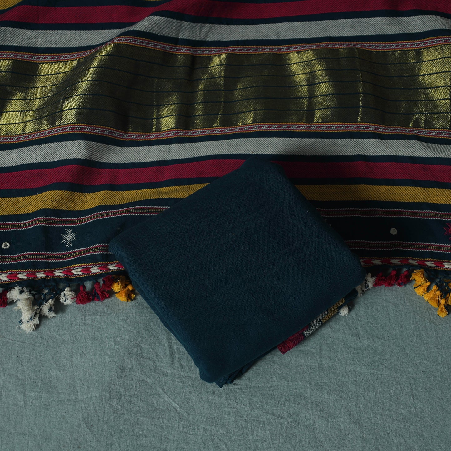 Kutch Bhujodi Handloom Kala Cotton 3pc Unstitched Dress Material Suit Set 07