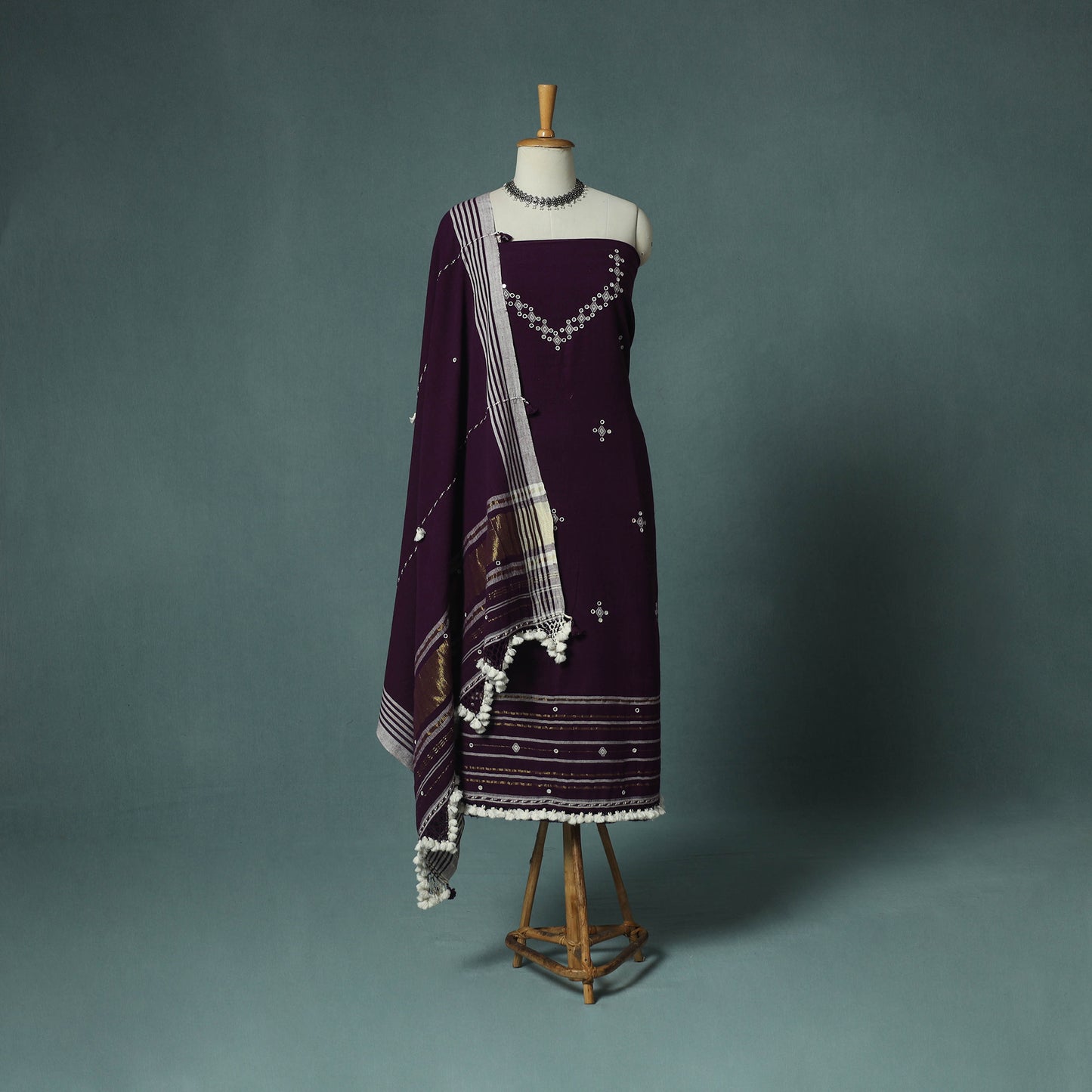 Kutch Bhujodi Handloom Kala Cotton 3pc Unstitched Dress Material Suit Set 01