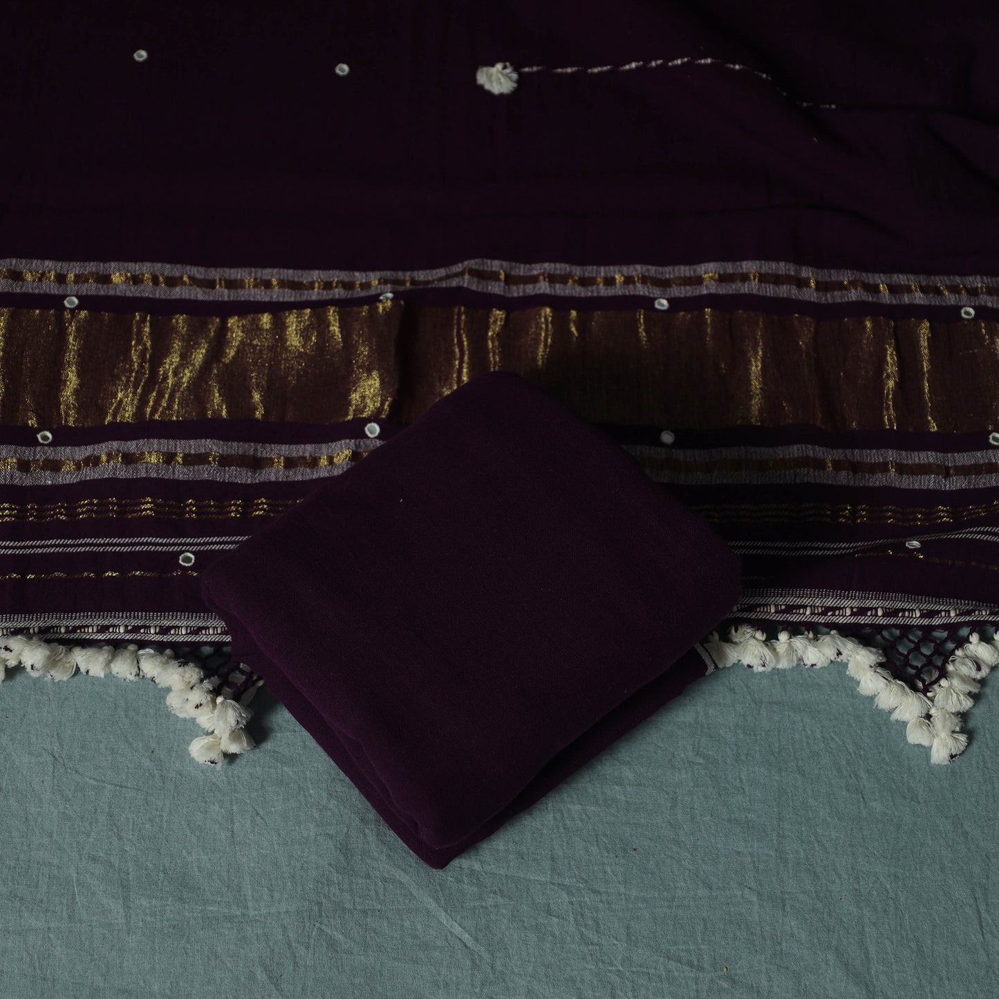Kutch Bhujodi Handloom Kala Cotton 3pc Unstitched Dress Material Suit Set 01