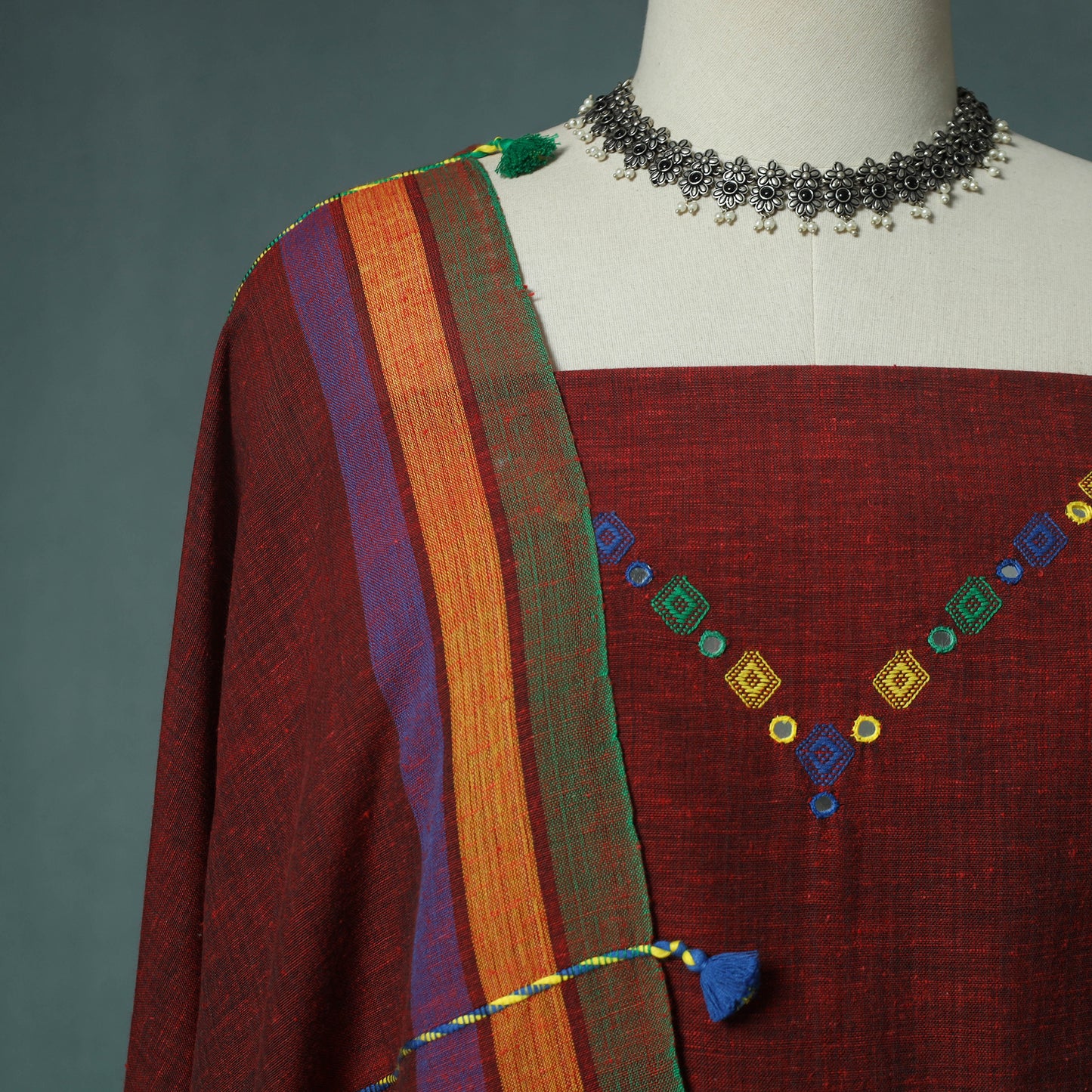 Kutch Bhujodi Handloom Kala Cotton 3pc Unstitched Dress Material Suit Set 04