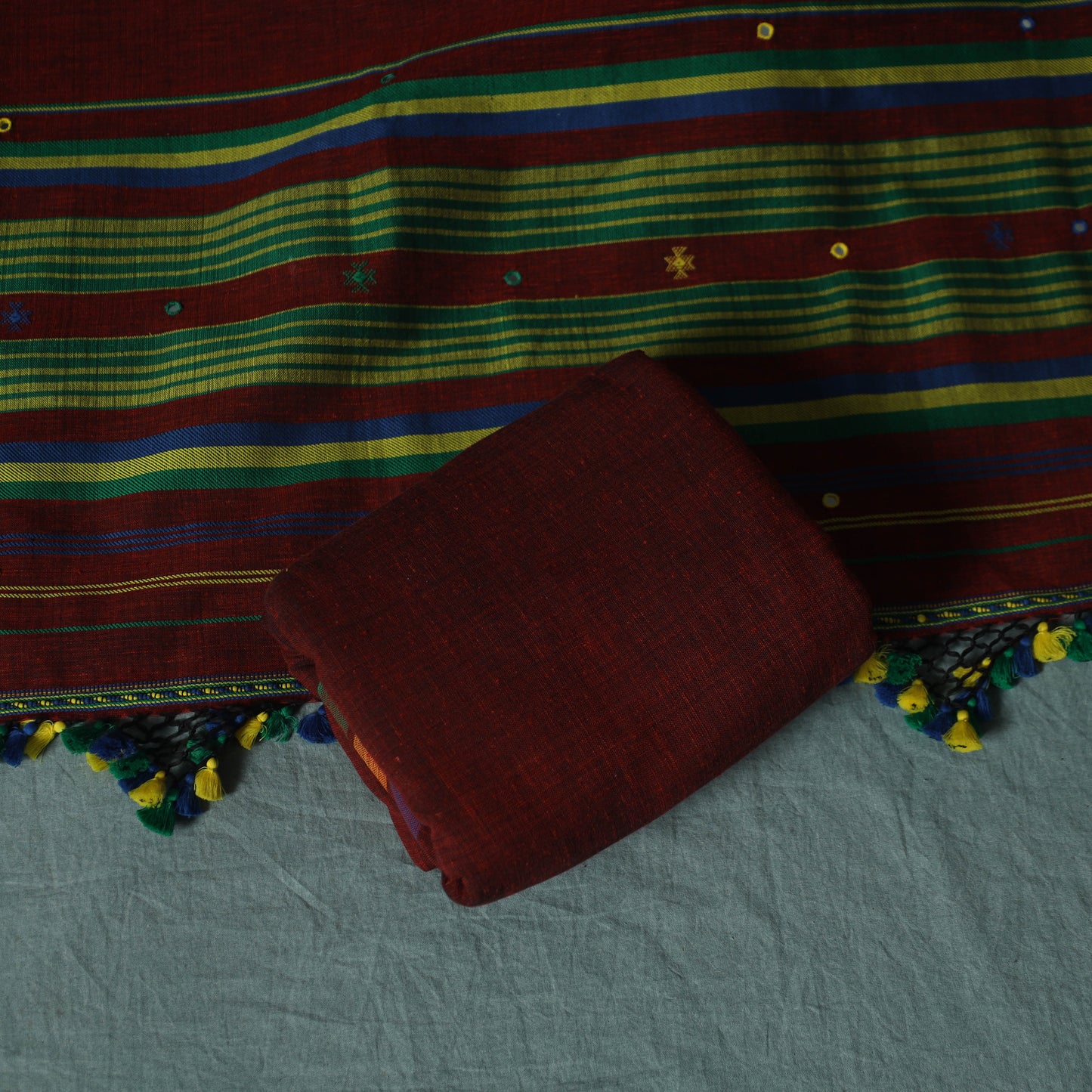 Kutch Bhujodi Handloom Kala Cotton 3pc Unstitched Dress Material Suit Set 04