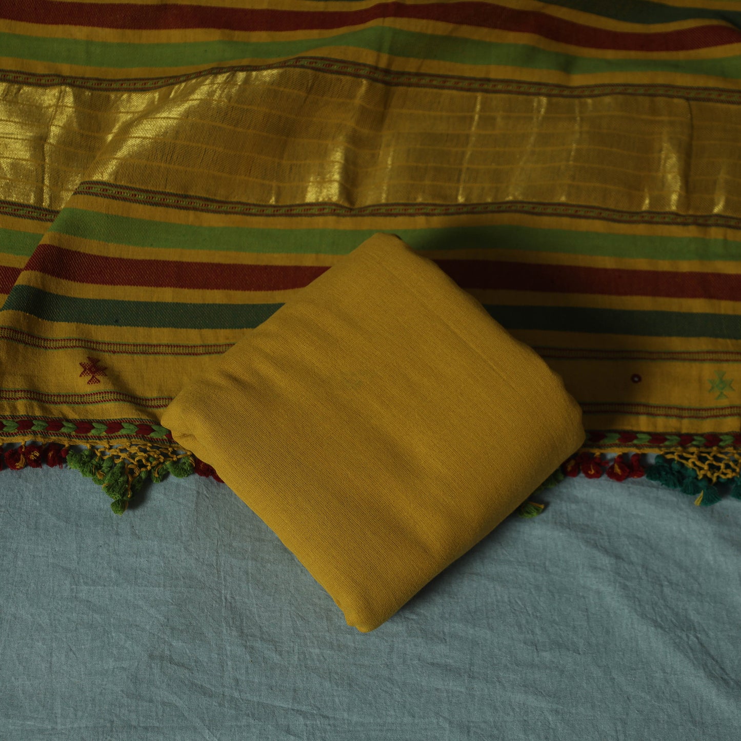 Kutch Bhujodi Handloom Kala Cotton 3pc Unstitched Dress Material Suit Set 06