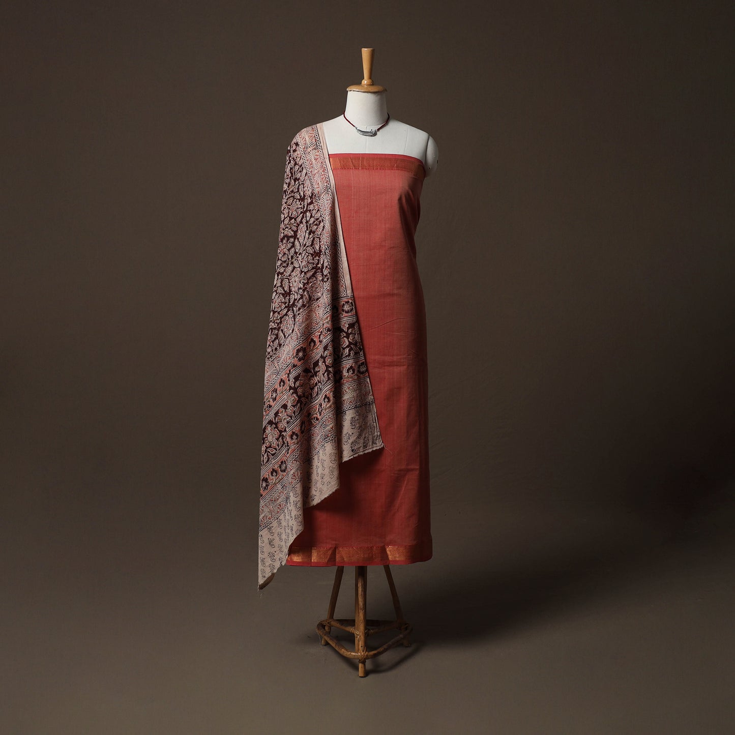 Mangalagiri Handwoven Cotton 2pc Unstitched Dress Material Kurta Set with Jewellery 07