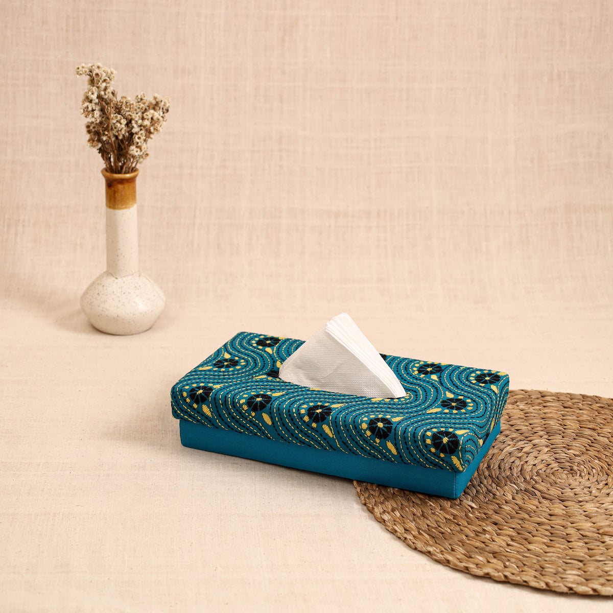 Blue - handcrafted bengal kantha work tissue box 11