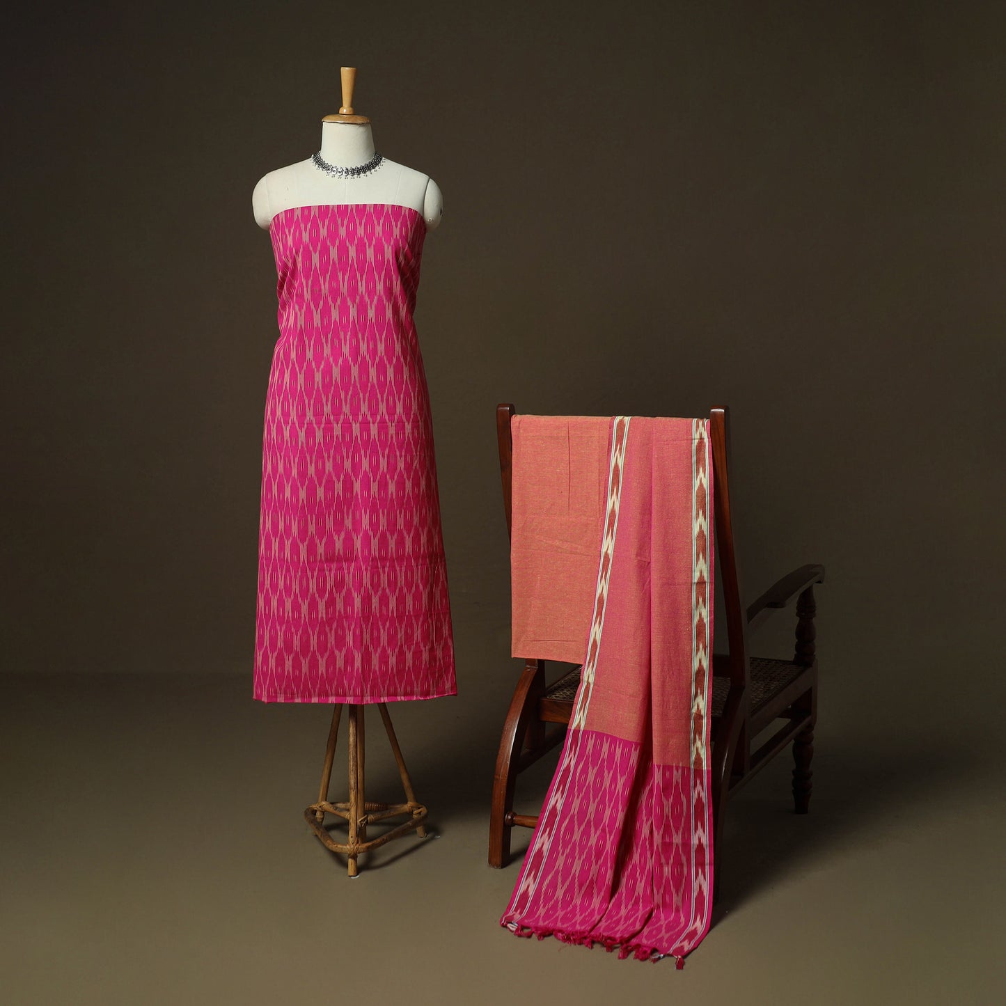 Pink - Pochampally Ikat Weave 3pc Cotton Unstitched Dress Material Suit Set 02