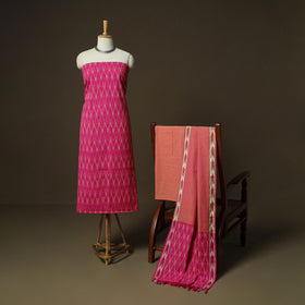Pink - Pochampally Ikat Weave 3pc Cotton Unstitched Dress Material Suit Set 02