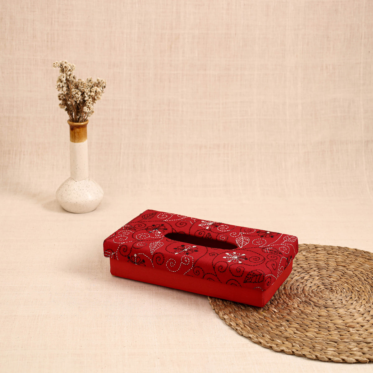 Red - handcrafted bengal kantha work tissue box 01