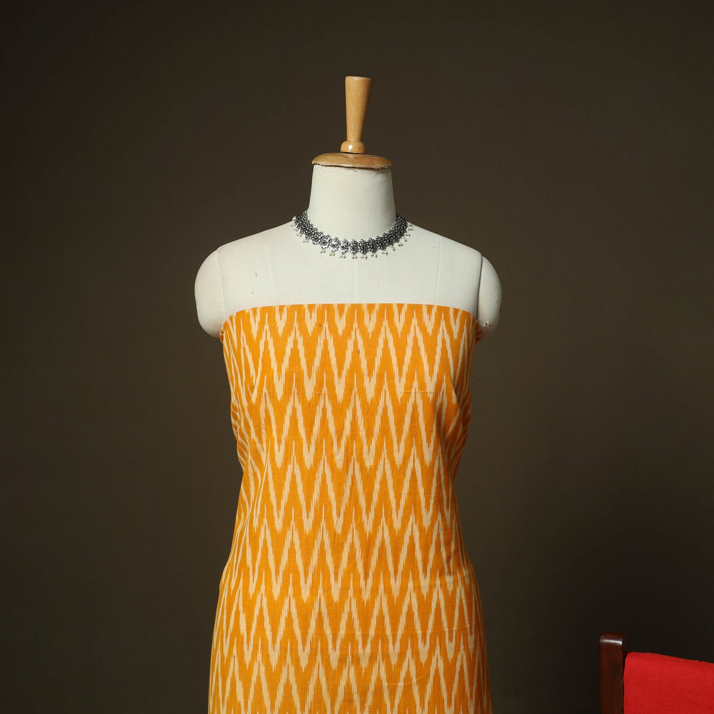 Orange - Pochampally Ikat Weave 3pc Cotton Unstitched Dress Material Suit Set 03