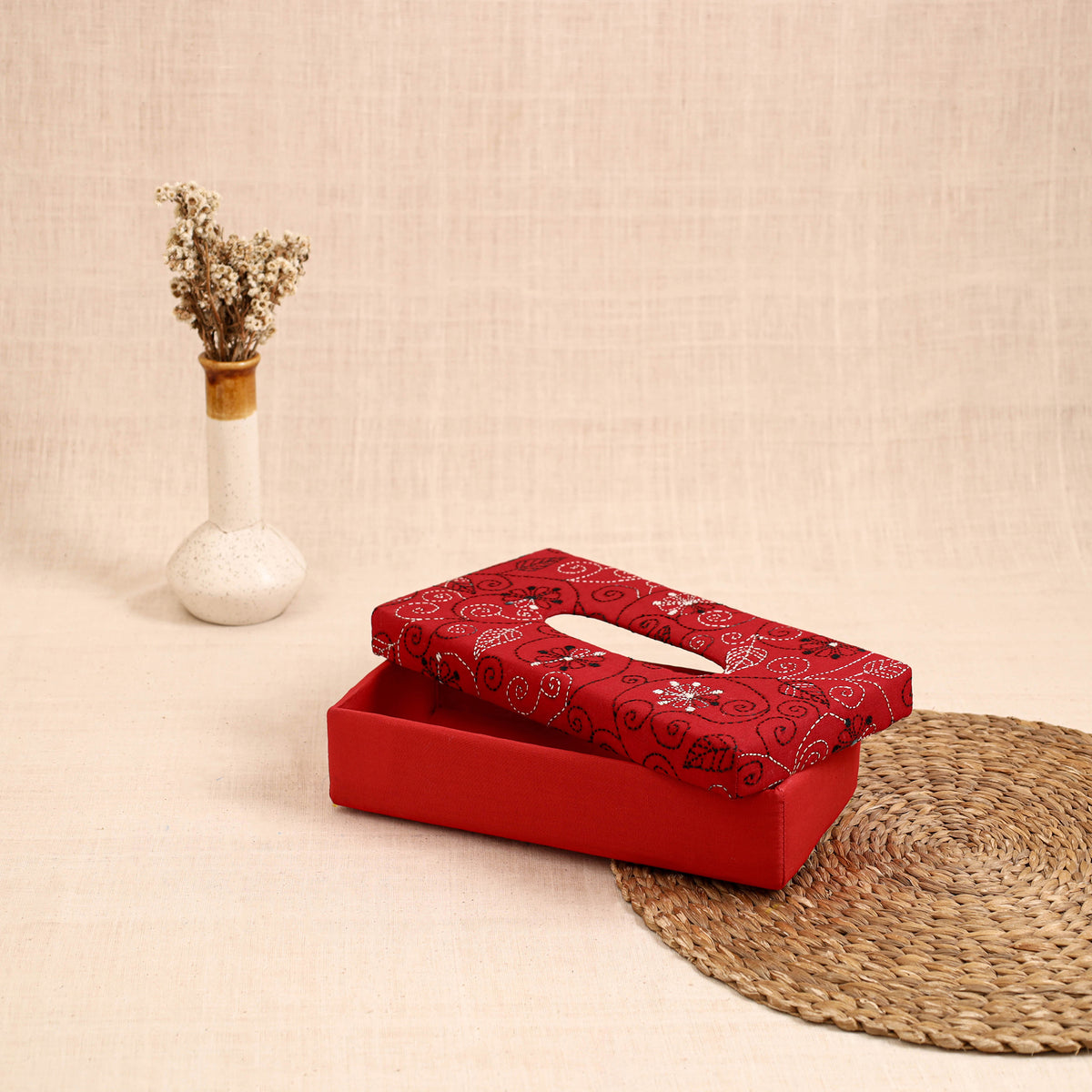 Red - handcrafted bengal kantha work tissue box 01