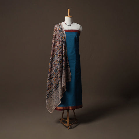 Mangalagiri Handwoven Cotton 2pc Unstitched Dress Material Kurta Set with Jewellery 09