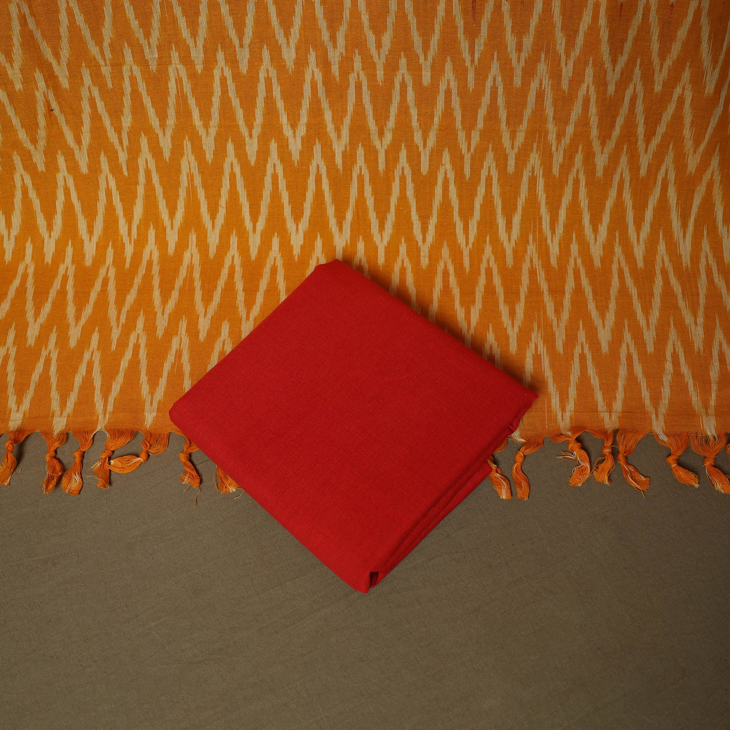 Orange - Pochampally Ikat Weave 3pc Cotton Unstitched Dress Material Suit Set 03