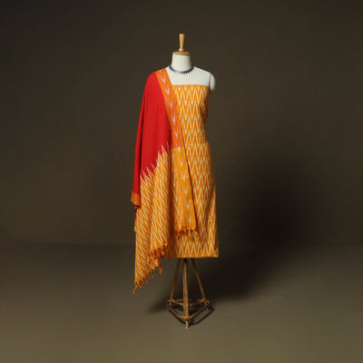 Orange - Pochampally Ikat Weave 3pc Cotton Unstitched Dress Material Suit Set 03