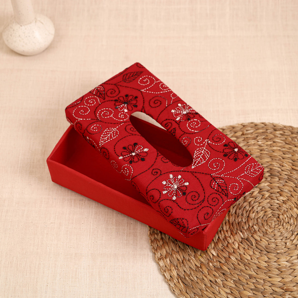 Red - handcrafted bengal kantha work tissue box 01