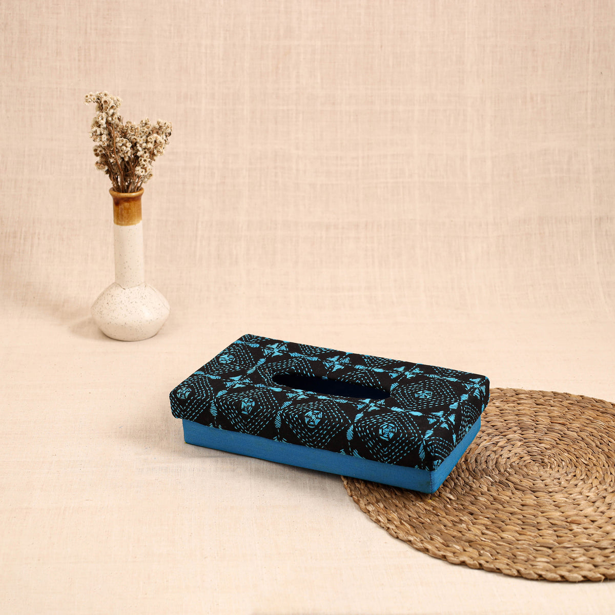 Blue - handcrafted bengal kantha work tissue box 02