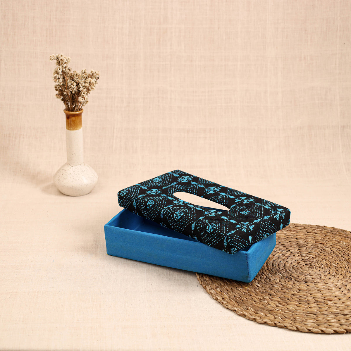 Blue - handcrafted bengal kantha work tissue box 02