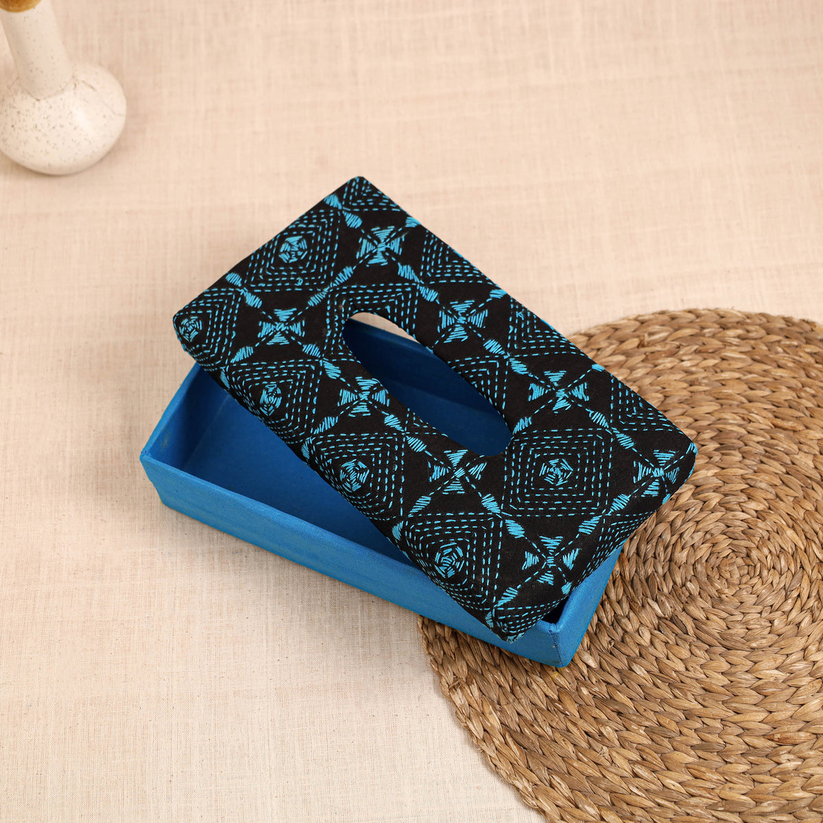 Blue - handcrafted bengal kantha work tissue box 02