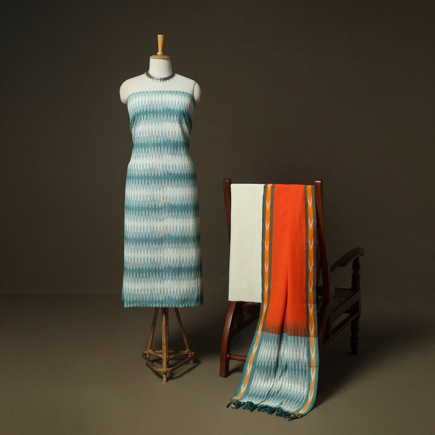 Multicolor - Pochampally Ikat Weave 3pc Cotton Unstitched Dress Material Suit Set 05